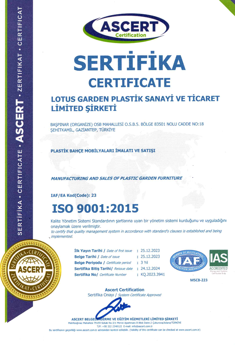 Lotus Garden Plastik ISO 9001:2015 Certificate
