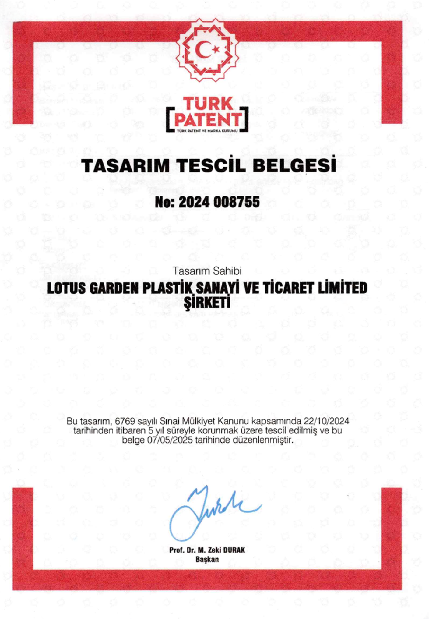 Lotus Garden Plastik Design Registration Certificate